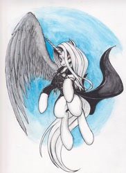 Size: 1685x2309 | Tagged: safe, artist:scribblepwn3, derpibooru import, alicorn, pony, crossover, final fantasy, flying, one winged angel, pen drawing, ponified, sephiroth, solo, traditional art, watercolor painting