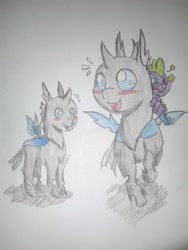 Size: 1920x2560 | Tagged: safe, artist:blackrose416, derpibooru import, spike, thorax, changeling, dragon, chibi, dragons riding changelings, smiling, traditional art