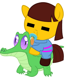 Size: 786x917 | Tagged: safe, artist:red4567, derpibooru import, gummy, pony, baby, baby pony, crossover, cute, frisk, pacifier, ponies riding gators, ponified, riding, undertale
