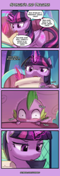 Size: 400x1180 | Tagged: safe, artist:lumineko, spike, twilight sparkle, twilight sparkle (alicorn), alicorn, dragon, pony, 4koma, blushing, comic, dialogue, female, glowing horn, heavy breathing, implied shipping, implied twispike, magic, mare, notes, poking, reading, sitting, speech bubble