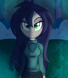 Size: 700x800 | Tagged: safe, artist:wubcakeva, oc, oc only, oc:esbern, vampire, equestria girls, breasts, clothes, equestria girls-ified, female, green eyes, looking back, night, solo