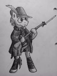 Size: 1920x2560 | Tagged: safe, artist:coolumbus, derpibooru import, bayonet, clothes, cute, glasses, gun, hat, italian, monochrome, rifle, solo, standing, traditional art, uniform, weapon, world war i