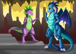 Size: 1280x905 | Tagged: safe, artist:exelzior, derpibooru import, princess ember, spike, dragon, claws, emberspike, female, flower, male, muscles, shipping, straight