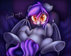 Size: 1518x1200 | Tagged: safe, artist:anti1mozg, derpibooru import, oc, oc only, bat pony, pony, colored pupils, cute, dialogue, glowing eyes, looking at you, night, on back, solo, spread legs, spreading, strategically covered, tail censor, underhoof