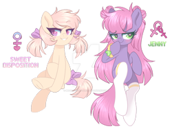 Size: 1024x783 | Tagged: safe, artist:hawthornss, derpibooru import, oc, oc only, oc:jenny (moonsugar), oc:sweet disposition, adoptable, blushing, bow, clothes, cute, grin, hair bow, long mane, looking at you, simple background, smiling, socks, studio killers, tail bow, transparent background, underhoof, watermark, wingding eyes