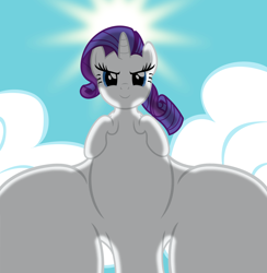 Size: 2996x3070 | Tagged: safe, artist:badumsquish, derpibooru exclusive, derpibooru import, rarity, dinosaur, original species, tyrannosaurus rex, dinosaur pony, evil grin, featureless crotch, female, fresh princess of friendship, frown, looking down, low angle, misleading thumbnail, parody, rari-t-rex, scene parody, smiling, smirk, solo, species swap