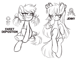 Size: 3400x2600 | Tagged: safe, artist:hawthornss, derpibooru exclusive, derpibooru import, oc, oc only, oc:jenny (moonsugar), oc:sweet disposition, adoptable, black and white, blushing, bow, clothes, cute, grayscale, hair bow, long mane, looking at you, monochrome, simple background, sketch, socks, studio killers, underhoof, wingding eyes