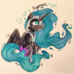 Size: 1024x1024 | Tagged: safe, artist:doodlepaintdraws, derpibooru import, nightmare moon, crying, sitting, solo, spread wings, traditional art, watermark