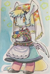 Size: 854x1280 | Tagged: safe, artist:mosamosa_n, derpibooru import, oc, oc only, pony, semi-anthro, bipedal, bouquet, butt wings, clothes, cute, dress, flower, solo, traditional art, watercolor painting