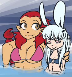 Size: 391x417 | Tagged: safe, artist:/d/non, derpibooru import, oc, oc only, oc:cottonball, oc:lenora, satyr, belly button, bikini, breasts, bunny ears, clothes, hot tub, implied bestiality, midriff, parent:angel bunny, parent:manticore, swimsuit