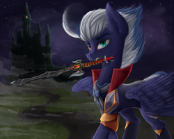 Size: 2738x2190 | Tagged: safe, artist:zefirayn, derpibooru import, oc, oc only, castle, fangs, heterochromia, moon, mouth hold, night, solo, sword, weapon