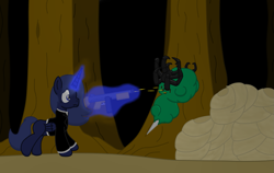 Size: 2009x1272 | Tagged: safe, artist:minty candy, derpibooru import, oc, oc only, oc:aerith, alicorn, insect, pony, fallout equestria, fallout equestria: empty quiver, alicorn oc, blood, forest, gun, hive, magic, outdoors, solo, story, telekinesis, tree, weapon