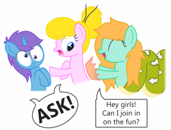 Size: 2453x1877 | Tagged: safe, artist:sny-por, derpibooru import, oc, oc only, oc:lola balloon, oc:sandra scales, oc:sleepy zee, earth pony, lamia, original species, unicorn, ask, ponytail, pushing, shove, tumblr