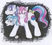 Size: 174x149 | Tagged: safe, derpibooru import, g1, conjoined ponies, multicolored tail, multiple heads, tail bow, three heads