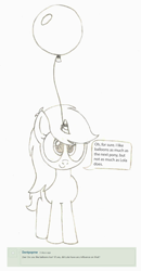 Size: 1589x3048 | Tagged: safe, artist:sny-por, derpibooru import, oc, oc only, oc:sleepy zee, pony, unicorn, ask, balloon, monochrome, traditional art, tumblr