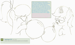 Size: 2864x1744 | Tagged: safe, artist:sny-por, derpibooru import, oc, oc only, oc:lola balloon, oc:sleepy zee, earth pony, pony, unicorn, ask, balloon, balloon fetish, levitation, magic, monochrome, puffy cheeks, sweat, telekinesis, traditional art, tumblr