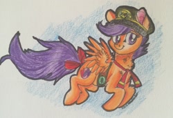 Size: 2348x1609 | Tagged: safe, artist:snowfoxythefox, derpibooru import, scootaloo, 28 pranks later, badge, clothes, colored, colored pencil drawing, colored sketch, cute, cutealoo, cutie mark, filly, filly scouts, hat, jumping, pencil, pencil drawing, ribbon, sash, scootalove, simple background, small wings, smiling, solo, tail bow, the cmc's cutie marks, traditional art, uniform