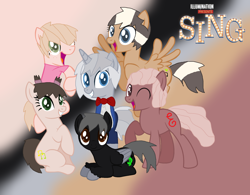 Size: 2140x1672 | Tagged: safe, artist:mixelfangirl100, derpibooru import, ash (sing), buster moon, johnny (sing), meena, parody, ponified, rosetta (sing), sing (movie)