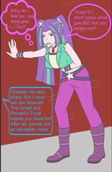 Size: 832x1277 | Tagged: safe, artist:jonfawkes, artist:jrain9110, part of a series, part of a set, aria blaze, equestria girls, boots, breasts, female, hand on belly, heat, high heel boots, human coloration, human to pony, implied trixie, jewelry, offscreen character, pendant, revenge, solo, speech bubble, transformation, transformation sequence