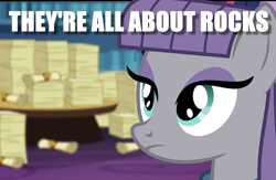 Size: 1240x806 | Tagged: safe, derpibooru import, edit, edited screencap, screencap, maud pie, the crystalling, frown, image macro, meme, rock, scroll, that pony sure does love rocks