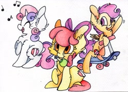 Size: 2784x2007 | Tagged: safe, artist:cutepencilcase, derpibooru import, apple bloom, scootaloo, sweetie belle, chest fluff, cutie mark, cutie mark crusaders, ear fluff, fluffy, mouth hold, potion, scooter, singing, the cmc's cutie marks, traditional art