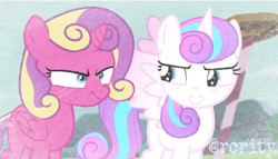 Size: 590x338 | Tagged: safe, artist:rcrity, derpibooru import, princess flurry heart, princess skyla, crystal sisters, cute, filly, grumpy, manip, older