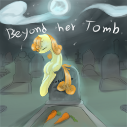 Size: 1000x1000 | Tagged: safe, artist:wookylee, derpibooru import, carrot top, golden harvest, ghost, beyond her tomb, carrot, food, gravestone, graveyard, moon, night, song reference