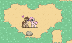 Size: 661x397 | Tagged: safe, derpibooru import, oc, oc:cherry blossom, oc:mau, butterfly, pony, sphinx, female, heart, lesbian, mare, oc x oc, pixel art, ponified, pony town, shipping