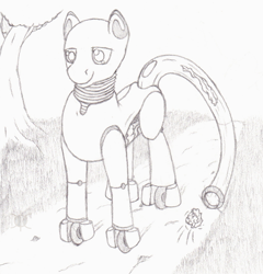 Size: 1050x1092 | Tagged: safe, artist:parallel black, oc, oc only, oc:robrrrt, object pony, original species, pony, badumsquish approved, monochrome, ponified, sketch, solo, sucking, vacuum cleaner, vacuum cleaner pony