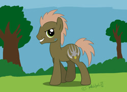 Size: 1300x936 | Tagged: safe, artist:reptilecynrik, derpibooru import, oc, oc only, oc:reptilecynrik, pony, cutie mark, looking at you, male, old version, ponified, signature, smiling, solo, stallion, tree, walking