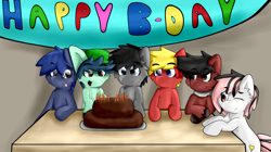 Size: 6188x3471 | Tagged: safe, artist:sherfur, derpibooru import, oc, oc only, oc:daybreak, oc:flick, oc:noxington nocte, oc:pouncer, oc:scoots, oc:tal, birthday, cake, food, happy