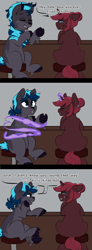 Size: 996x2719 | Tagged: safe, artist:c1nn1m1n1, derpibooru import, oc, oc only, oc:ember hex, oc:low tide, deer, pony, unicorn, blushing, didn't think this through, doe, magic, pickup lines, rule 63, transformation, transgender transformation