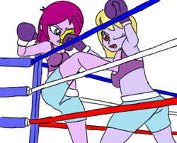 Size: 660x531 | Tagged: safe, artist:toyminator900, derpibooru import, fuchsia blush, lavender lace, equestria girls, boxing, kickboxing, kicking, punch