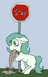 Size: 504x810 | Tagged: safe, artist:thebathwaterhero, derpibooru import, oc, oc only, oc:emerald jewel, earth pony, pony, amulet, bags under eyes, blank flank, child, color, colt, colt quest, drunk, floppy ears, foal, ground, hangover, leaning, male, metal, solo, stop sign, vomit, vomiting, wide eyes