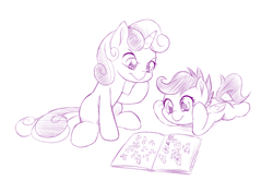 Size: 1000x708 | Tagged: safe, artist:dstears, derpibooru import, scootaloo, sweetie belle, cute, cutealoo, diasweetes, monochrome, newbie artist training grounds, where's waldo