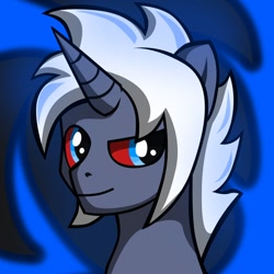 Size: 600x600 | Tagged: safe, artist:galli, derpibooru import, oc, oc only, oc:steel crescent, dracony, hybrid, blue background, blue eyes, bust, horn, male, red sclera, simple background, solo, white hair