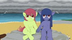 Size: 3840x2160 | Tagged: safe, artist:underwoodart, derpibooru import, oc, oc only, oc:artline, oc:cosmia nebula, beach, holding hooves, ocean, storm