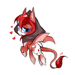 Size: 1024x1029 | Tagged: safe, artist:ipun, derpibooru import, oc, oc only, oc:blood thirst, bat pony, pony, blushing, female, heart, heart eyes, hood, mare, simple background, solo, underhoof, white background, wingding eyes