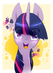 Size: 900x1227 | Tagged: safe, artist:eindev, derpibooru import, twilight sparkle, bust, colored pupils, looking at you, smiling, solo