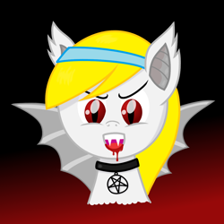 Size: 1280x1280 | Tagged: safe, artist:vitalspark, derpibooru import, oc, oc only, oc:june, bat pony, pony, undead, vampire, vampony, bat ponified, blood, bust, collar, dark background, fangs, gradient background, pentagram, portrait, race swap, solo, spread wings