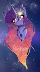 Size: 833x1500 | Tagged: safe, artist:niniibear, derpibooru import, oc, oc only, adoptable, blue, bust, colored pupils, cute, ear fluff, fluffy, food, galaxy, galaxy pony, night, orange, peach, pink, portrait, purple, red, red eyes, smiling, solo, stars, white, yellow