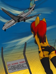 Size: 768x1024 | Tagged: safe, artist:zachthehedgehog97-2, derpibooru import, oc, oc only, oc:flare scorch, anthro, anthro oc, ass, fence, md-80, plane, solo, wired fence