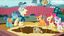 Size: 1920x1080 | Tagged: safe, derpibooru import, screencap, apple bloom, mrs. paleo, petunia paleo, scootaloo, sweetie belle, the fault in our cutie marks, cutie mark, cutie mark crusaders, derp, discovery family logo, mr. paleo, nervous laugh, ponysaur, spiny back ponysaurus, the cmc's cutie marks