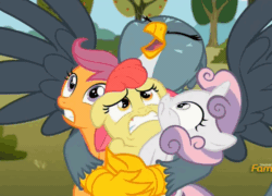 Size: 690x496 | Tagged: safe, derpibooru import, screencap, apple bloom, gabby, scootaloo, sweetie belle, earth pony, griffon, pony, the fault in our cutie marks, animated, bear hug, cropped, cutie mark, cutie mark crusaders, gif, hug, loop, squeezing, the cmc's cutie marks