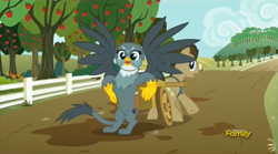 Size: 1275x711 | Tagged: safe, derpibooru import, screencap, doctor whooves, gabby, griffon, pony, the fault in our cutie marks, discovery family logo, mailbag, male, mud, stallion, surprised, wagon