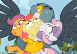 Size: 712x498 | Tagged: safe, derpibooru import, screencap, apple bloom, gabby, scootaloo, sweetie belle, earth pony, griffon, pony, the fault in our cutie marks, animated, cute, cutie mark, cutie mark crusaders, gif, hug, loop, squeezing, the cmc's cutie marks