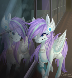 Size: 969x1050 | Tagged: safe, artist:lunastyczna, derpibooru import, oc, oc only, pegasus, pony, amputee, headphones, prosthetic limb, prosthetics, reflection