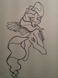 Size: 2988x4030 | Tagged: safe, artist:mang, derpibooru import, vapor trail, pegasus, pony, top bolt, blushing, female, inktober, looking back, mare, monochrome, open mouth, solo, traditional art