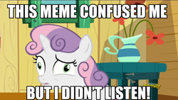 Size: 1920x1080 | Tagged: safe, derpibooru import, edit, edited screencap, screencap, sweetie belle, the fault in our cutie marks, exploitable meme, i didn't listen, image macro, meme