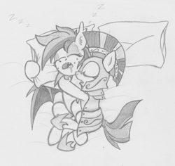 Size: 870x822 | Tagged: safe, artist:lockerobster, derpibooru import, oc, oc:brave, oc:vannie, bat pony, earth pony, pony, bed, cuddling, guardsmare, monochrome, night guard, royal guard, sleeping, snuggling